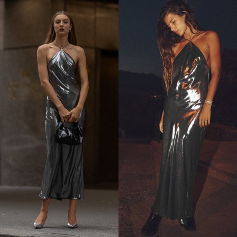 Zara Shimmering Silver Halter Maxi Dress